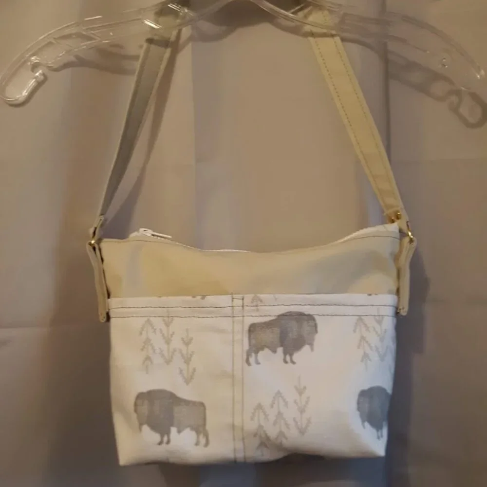 NEW Southwestern Faux Leather & Canvas Buffalo print mini Tote bag Purse Ivory - Picture 5 of 10